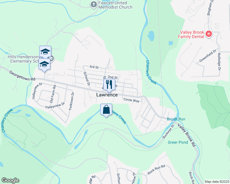 map of restaurants, bars, coffee shops, grocery stores, and more near 443 Georgetown Road in Lawrence