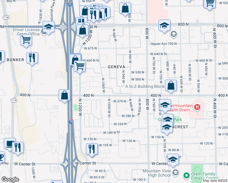 map of restaurants, bars, coffee shops, grocery stores, and more near 1024 400 North in Orem