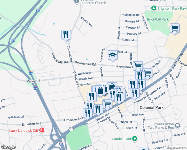 map of restaurants, bars, coffee shops, grocery stores, and more near 4437 Winfield Street in Harrisburg