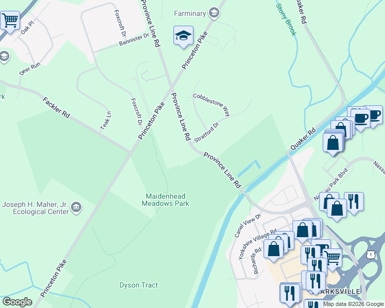 map of restaurants, bars, coffee shops, grocery stores, and more near 4330 Province Line Road in Lawrence Township