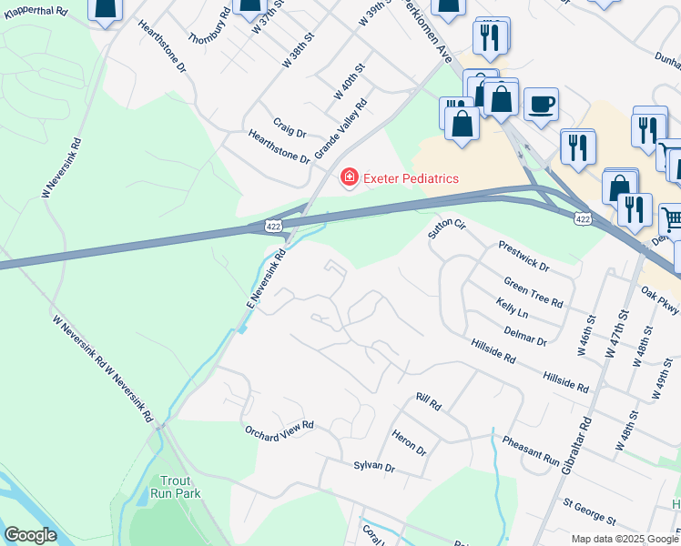 map of restaurants, bars, coffee shops, grocery stores, and more near Christine Drive in Reading