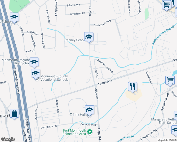 map of restaurants, bars, coffee shops, grocery stores, and more near 75 Deer Path Court in Tinton Falls