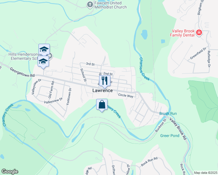 map of restaurants, bars, coffee shops, grocery stores, and more near 443 Georgetown Road in Lawrence