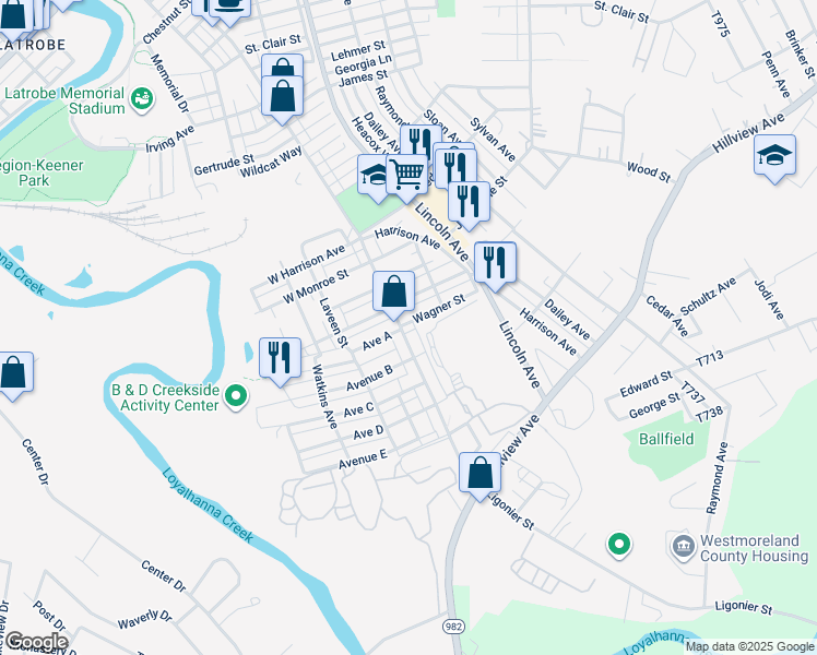 map of restaurants, bars, coffee shops, grocery stores, and more near 2400 Ligonier Street in Latrobe