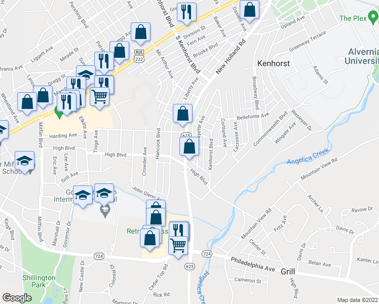 map of restaurants, bars, coffee shops, grocery stores, and more near 1620 New Holland Road in Reading