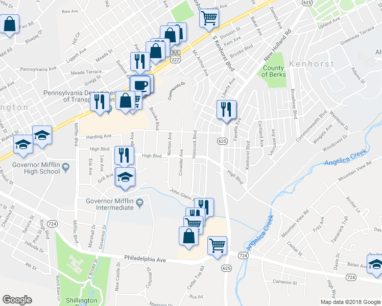 map of restaurants, bars, coffee shops, grocery stores, and more near 371 High Boulevard in Reading