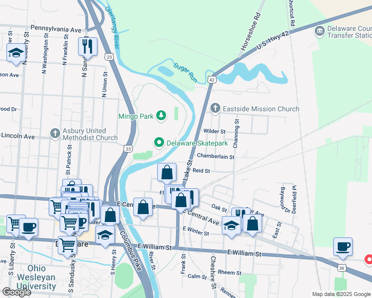 map of restaurants, bars, coffee shops, grocery stores, and more near 205 Lake Street in Delaware