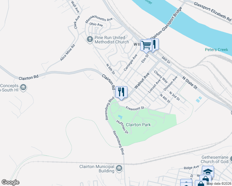 map of restaurants, bars, coffee shops, grocery stores, and more near 521 North 7th Street in Clairton