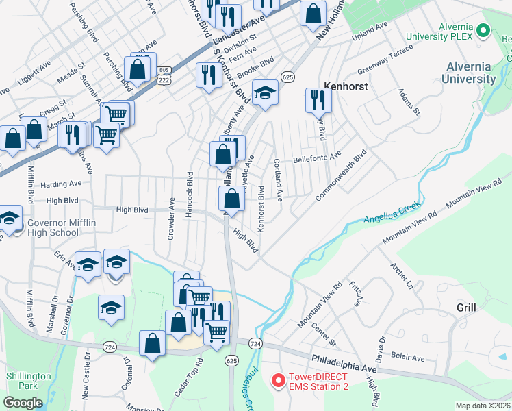 map of restaurants, bars, coffee shops, grocery stores, and more near 1607 Kenhorst Boulevard in Reading