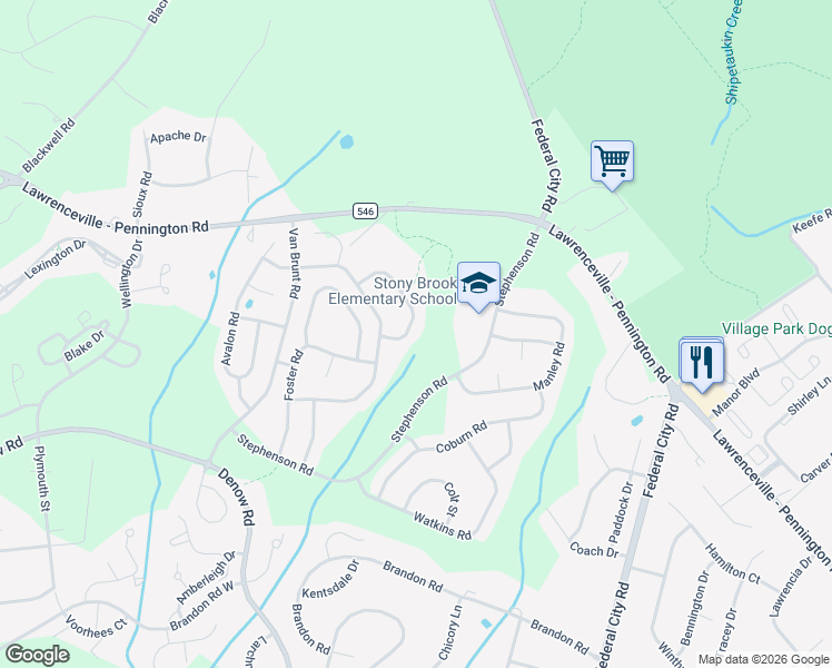 map of restaurants, bars, coffee shops, grocery stores, and more near 34 Donovan Road in Pennington