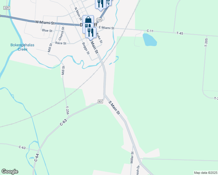 map of restaurants, bars, coffee shops, grocery stores, and more near 301-499 South Main Street in De Graff