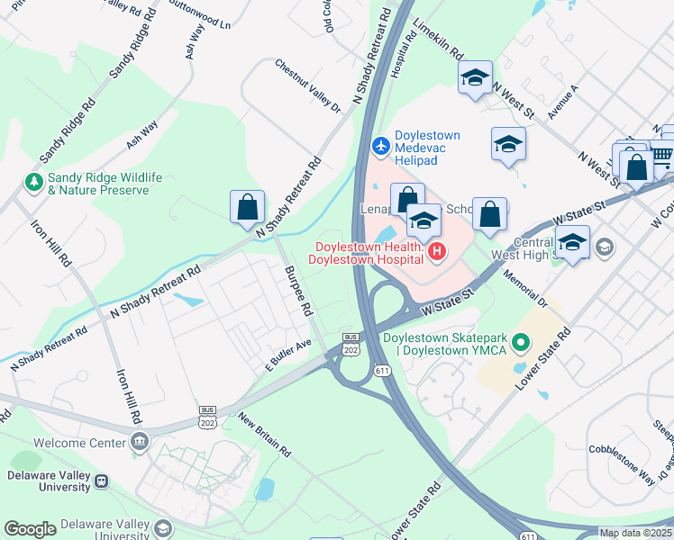 map of restaurants, bars, coffee shops, grocery stores, and more near 900 Whitehall Drive in Doylestown