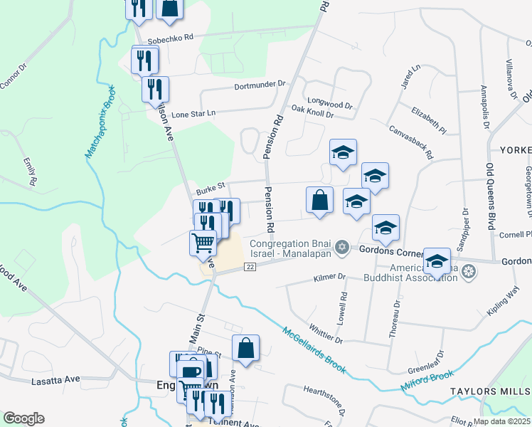 map of restaurants, bars, coffee shops, grocery stores, and more near 17 Pension Road in Manalapan Township