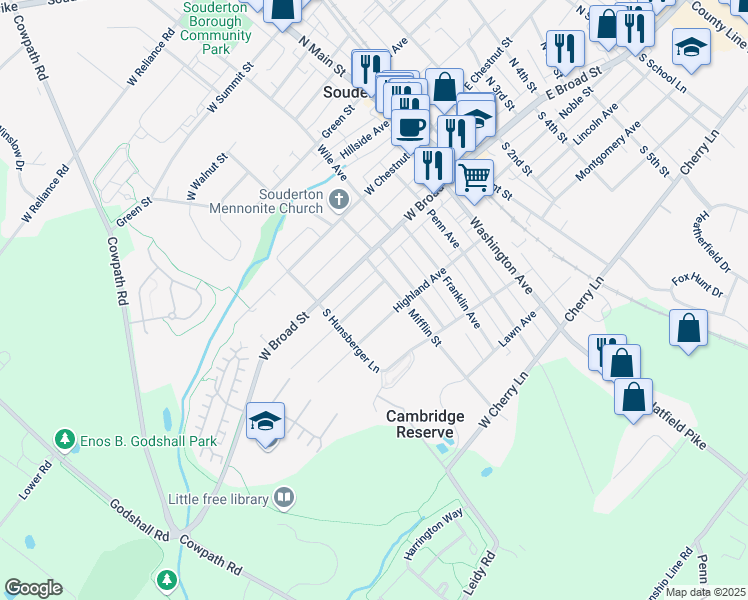 map of restaurants, bars, coffee shops, grocery stores, and more near 234 Madison Avenue in Souderton