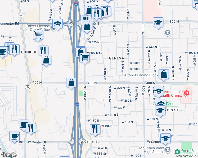 map of restaurants, bars, coffee shops, grocery stores, and more near 1104 West 420 North in Orem