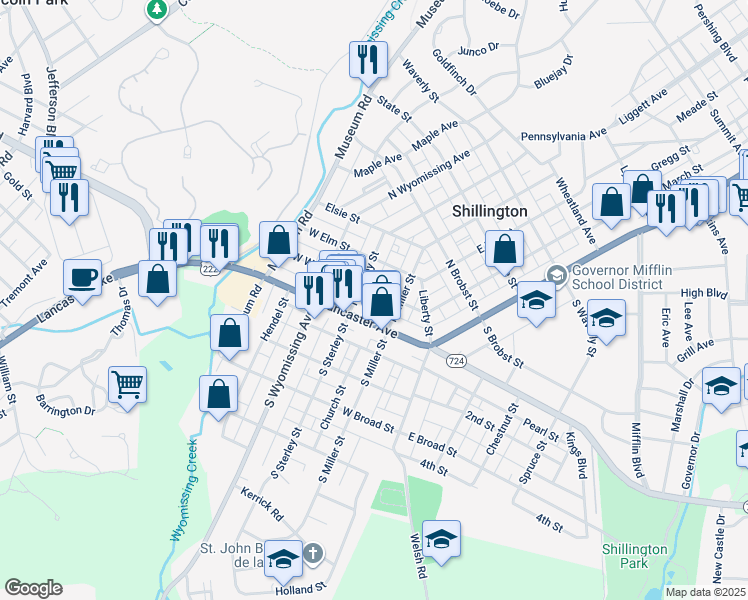 map of restaurants, bars, coffee shops, grocery stores, and more near 122 West Walnut Street in Shillington