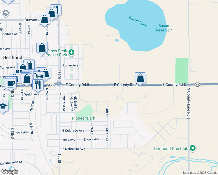 map of restaurants, bars, coffee shops, grocery stores, and more near 425 East Co Road 8 in Berthoud