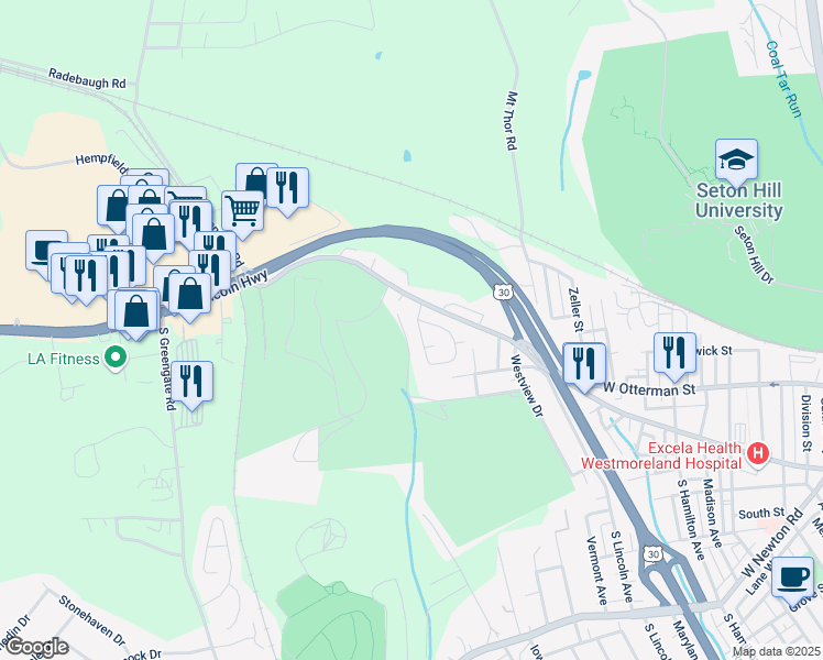 map of restaurants, bars, coffee shops, grocery stores, and more near 108 Mount Odin Drive in Greensburg