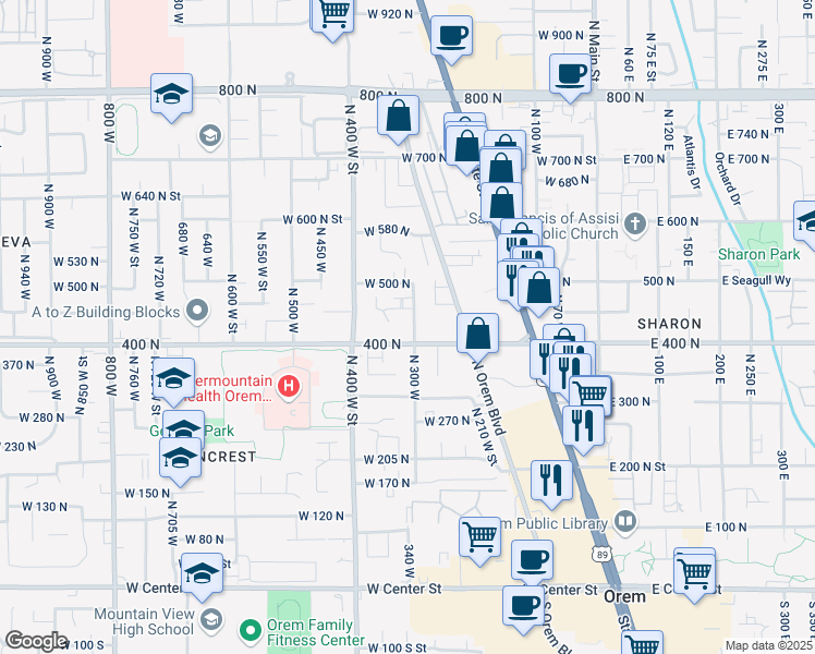 map of restaurants, bars, coffee shops, grocery stores, and more near 422 North 300 West in Orem