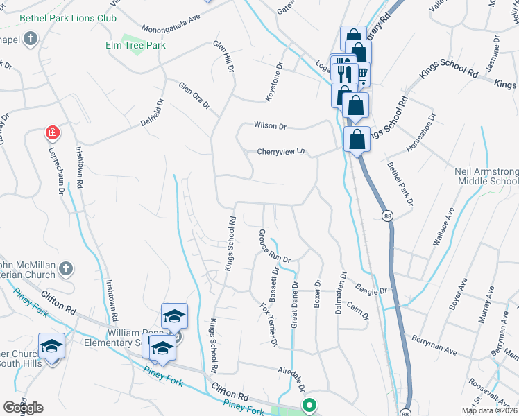 map of restaurants, bars, coffee shops, grocery stores, and more near 1100 Grouse Run Drive in Bethel Park