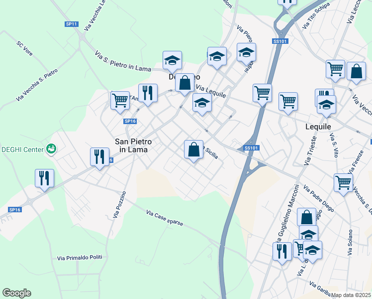 map of restaurants, bars, coffee shops, grocery stores, and more near 31 Via Campania in Lequile