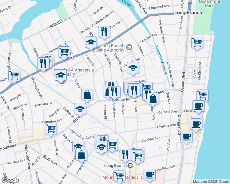 map of restaurants, bars, coffee shops, grocery stores, and more near 25 North 5th Avenue in Long Branch