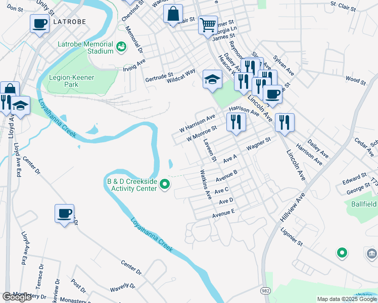 map of restaurants, bars, coffee shops, grocery stores, and more near 2126 Knox Avenue in Latrobe