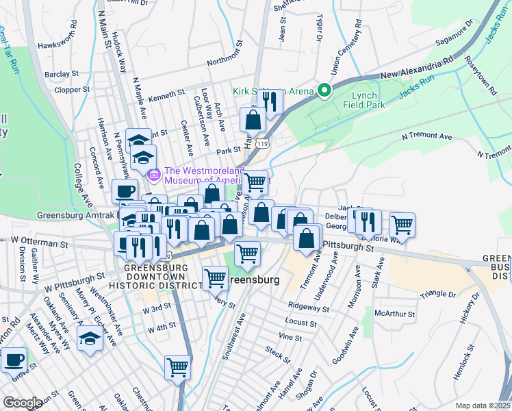 map of restaurants, bars, coffee shops, grocery stores, and more near 115 Wilson Avenue in Greensburg