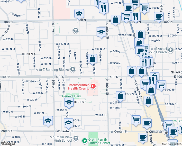 map of restaurants, bars, coffee shops, grocery stores, and more near 513 West 440 North in Orem