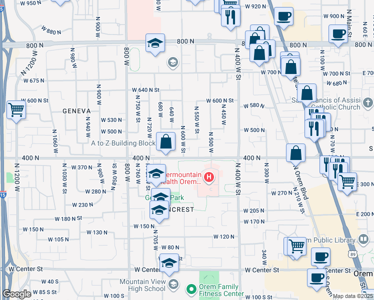 map of restaurants, bars, coffee shops, grocery stores, and more near 424 600 west in Orem