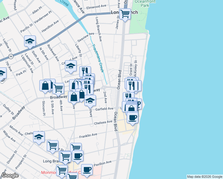 map of restaurants, bars, coffee shops, grocery stores, and more near in Long Branch