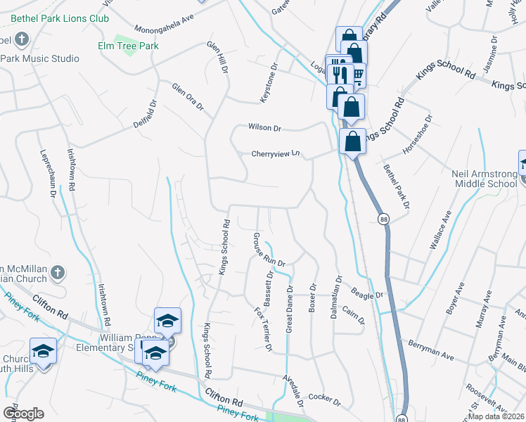 map of restaurants, bars, coffee shops, grocery stores, and more near 1100 Grouse Run Drive in Bethel Park