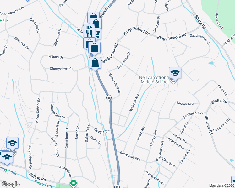 map of restaurants, bars, coffee shops, grocery stores, and more near 5982 Bethel Park Dr in Bethel Park