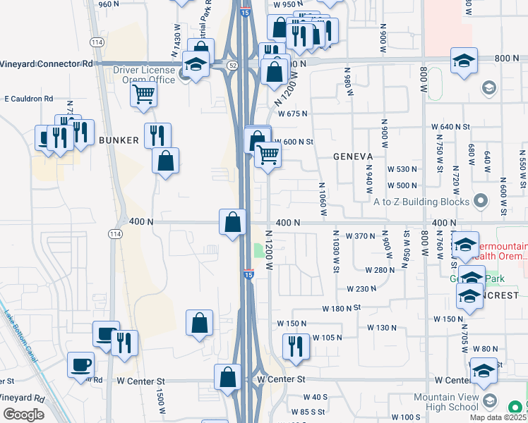 map of restaurants, bars, coffee shops, grocery stores, and more near 462 North 1235 West in Orem