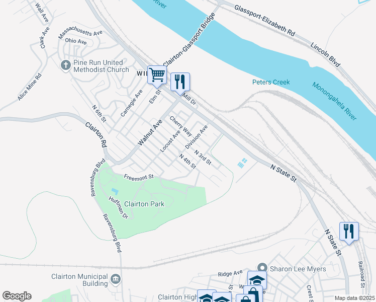 map of restaurants, bars, coffee shops, grocery stores, and more near 307 Division Avenue in Clairton