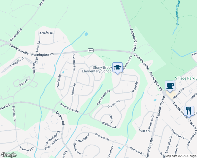 map of restaurants, bars, coffee shops, grocery stores, and more near 34 Donovan Road in Pennington