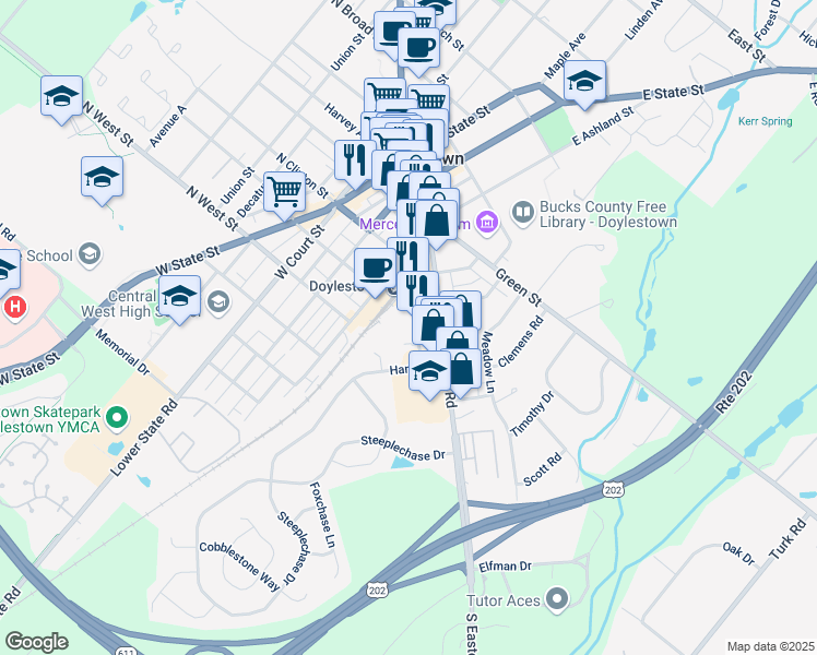 map of restaurants, bars, coffee shops, grocery stores, and more near 180 South Clinton Street in Doylestown
