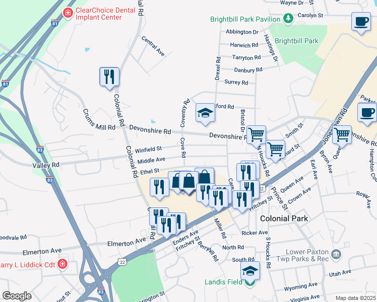 map of restaurants, bars, coffee shops, grocery stores, and more near 4501 Winfield Street in Harrisburg