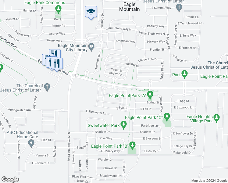 map of restaurants, bars, coffee shops, grocery stores, and more near 1808 East Cosmos Drive in Eagle Mountain
