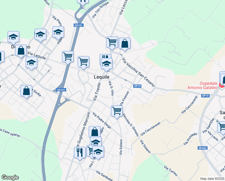 map of restaurants, bars, coffee shops, grocery stores, and more near 59 Via Giacomo Matteotti in Lequile