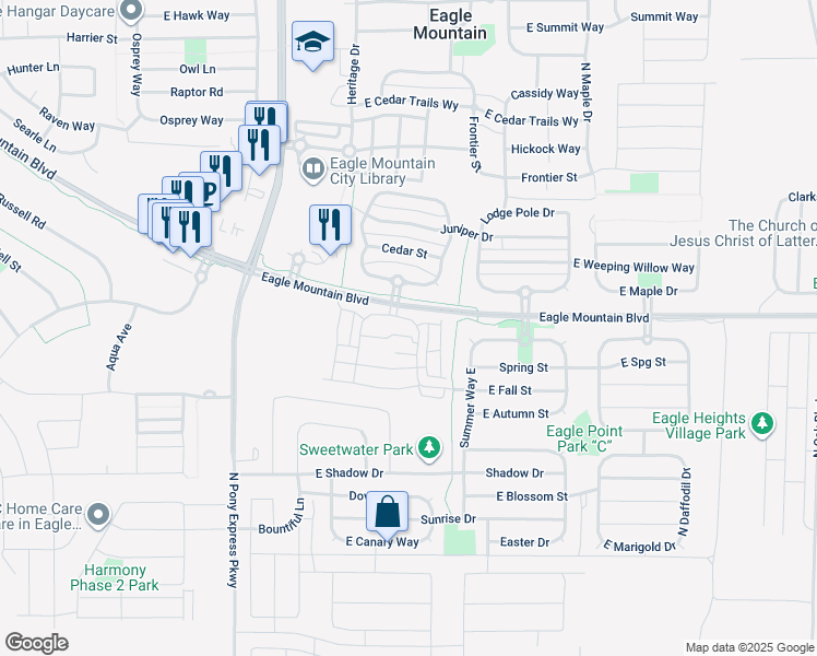map of restaurants, bars, coffee shops, grocery stores, and more near 1844 North Cosmos Drive in Eagle Mountain