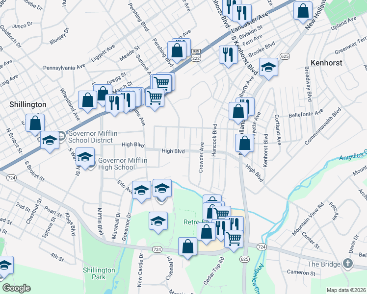 map of restaurants, bars, coffee shops, grocery stores, and more near 257 High Boulevard in Reading