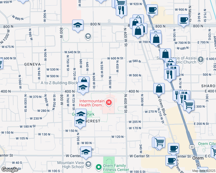 map of restaurants, bars, coffee shops, grocery stores, and more near 513 West 440 North in Orem