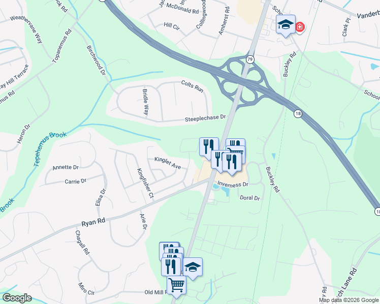 map of restaurants, bars, coffee shops, grocery stores, and more near 99 Thrasher Court in Marlboro Township