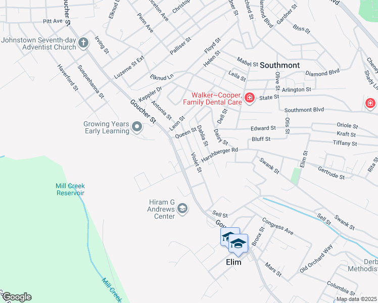 map of restaurants, bars, coffee shops, grocery stores, and more near 125 Violet Street in Johnstown