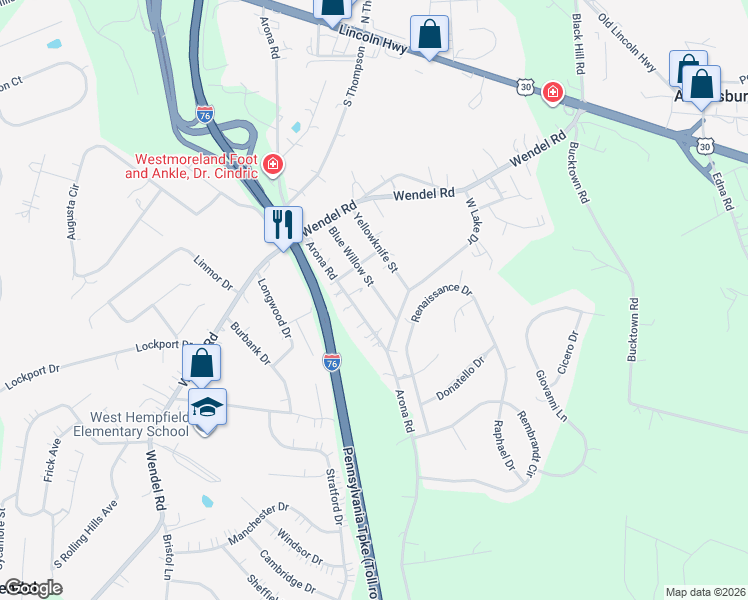 map of restaurants, bars, coffee shops, grocery stores, and more near 4036 Blue Willow Street in Irwin