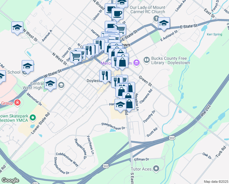 map of restaurants, bars, coffee shops, grocery stores, and more near 180 South Clinton Street in Doylestown