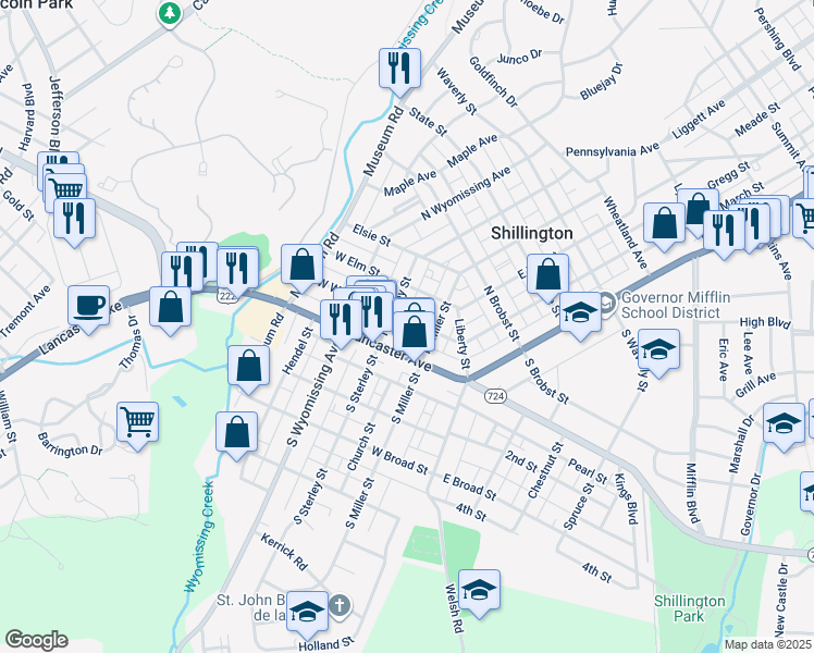 map of restaurants, bars, coffee shops, grocery stores, and more near 122 West Walnut Street in Shillington