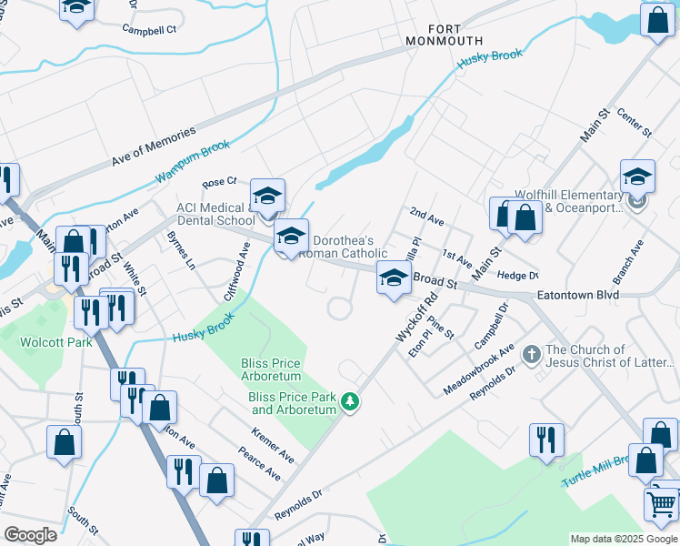 map of restaurants, bars, coffee shops, grocery stores, and more near 298 Broad Street in Eatontown