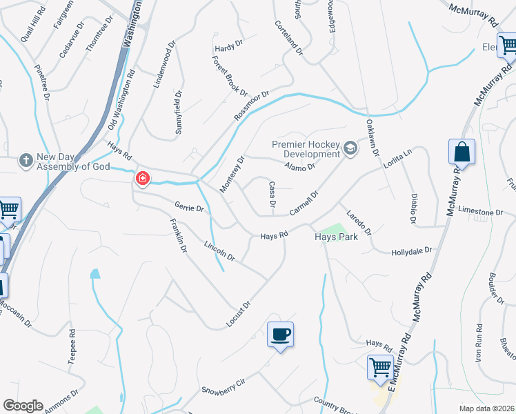 map of restaurants, bars, coffee shops, grocery stores, and more near 299 Carmell Dr in Pittsburgh